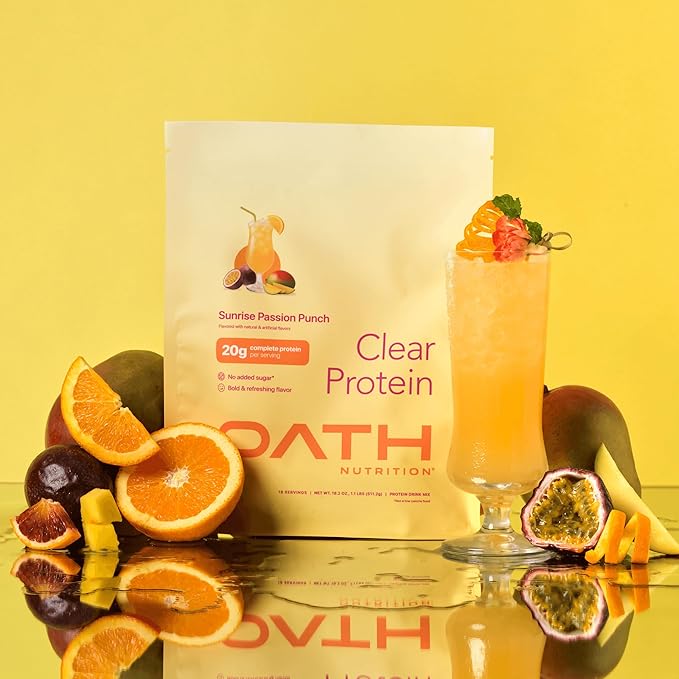 Oath Nutrition Clear Whey Isolate Protein Powder Sunrise Passion Punch 20g Complete Protein per Serving No Added Sugar Grass-Fed 18 Servings