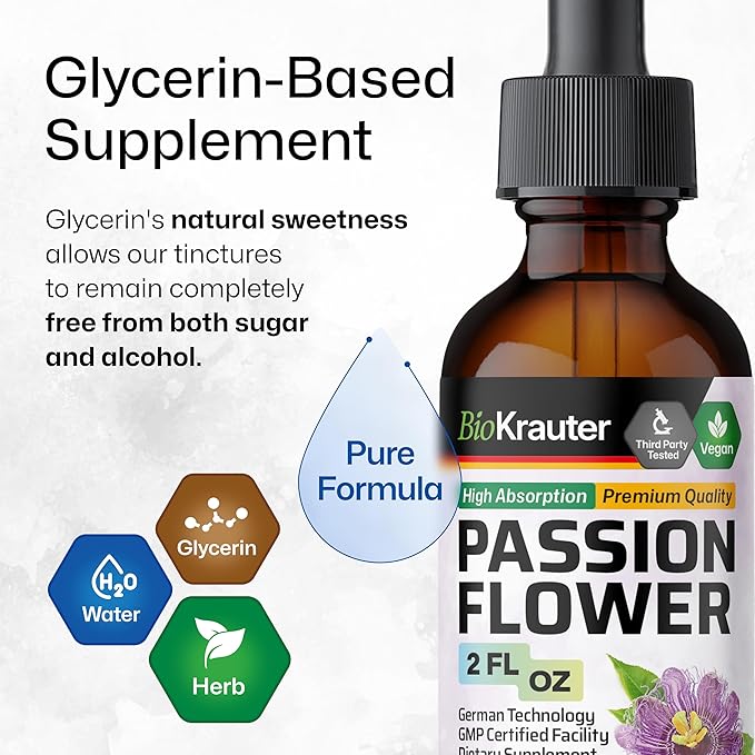 BIO KRAUTER® Passion Flower for Stress Relief - Calm &amp Mood Support - Pure Vegan Liquid Drops Passion Flower Extract 670 mg/Serving 2 Fl.Oz 28-Day Supply - Alcohol &amp Sugar Free - Natural Calm