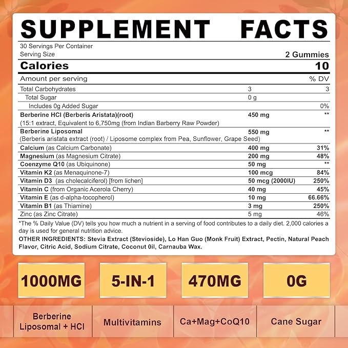 Sugar-Free Vitamin D3 K2 Gummies with Calcium Magnesium Citrate Vitamin C + Berberine Supplement Gummies with Liposomal Berberine &amp Berberine HCI Calcium Magnesium