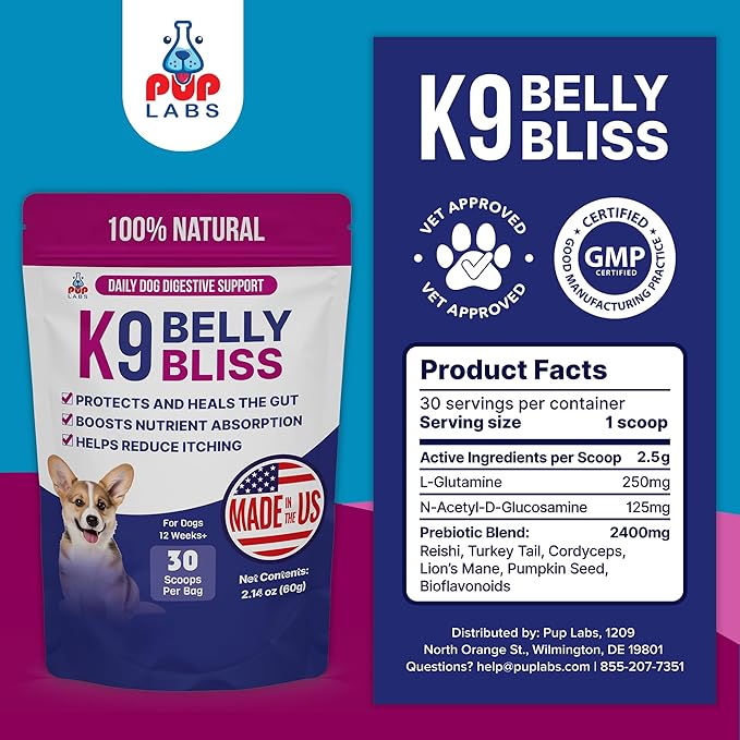 K9 Belly Bliss All-Natural Gut Health for Dogs Vet Approved Prebiotic for Dogs for Daily Digestive Support and Dog Constipation Relief Easy to Use Topper for Dry and Wet Food 30 Scoops.