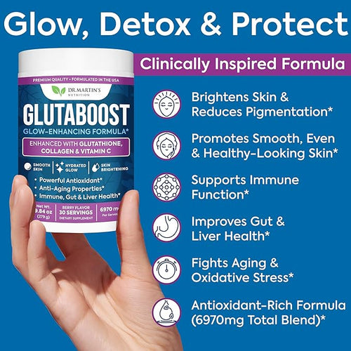 6970mg Glutathione Powder for Skin Brightening Enhanced with Collagen &amp Vitamin C | Brightens Skin Fades Dark Spots &amp Melasma Anti-Aging Antioxidant | Supports Immune Gut &amp Liver Health