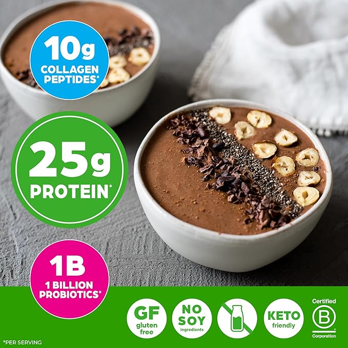Orgain Protein Powder + Collagen Creamy Chocolate Fudge - 25g of Protein 10g Collagen Peptides Type I &amp III 1B CFU Probiotics Supports Hair Skin Nail Joint &amp Gut Health Gluten Free -