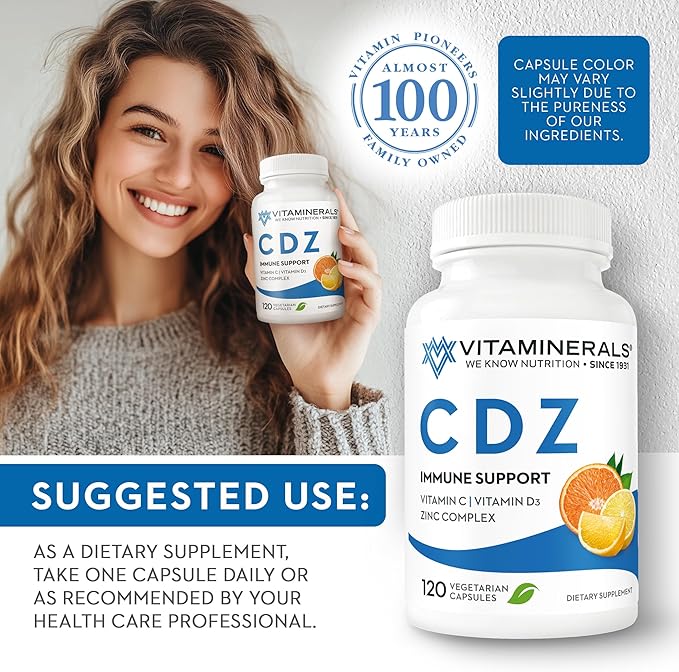 CDZ | Vitamin CDZ | Vitamin C 1000mg | Vitamin D3 125mcg | Zinc Complex 25mg Veggie Caps| 120 Servings