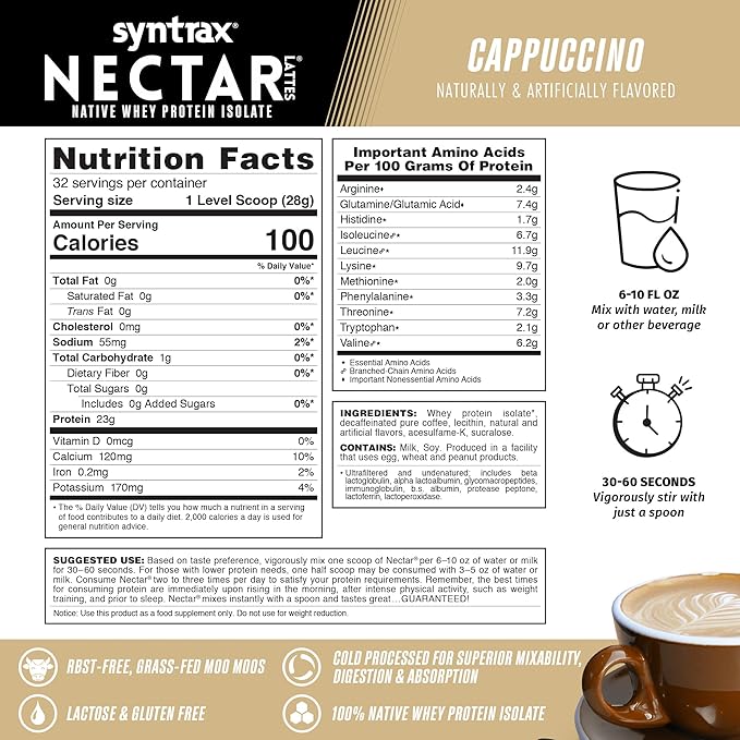 Syntrax Nutrition Nectar Lattes 100% Whey Protein Isolate Powder Cappuccino 2 lbs