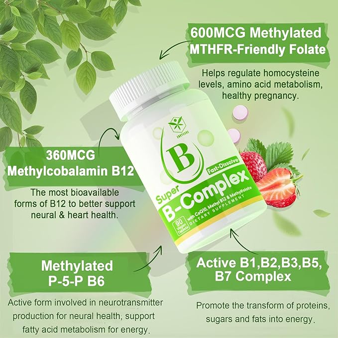 Sugar Free Vitamin B Complex with Methyl B12 MethylFolate B6 B1 B2 B3 Fast Dissolve Highly Bioavailable Methylated B Complex Supplement for Energy Levels Neural System Vegan180 Tablets