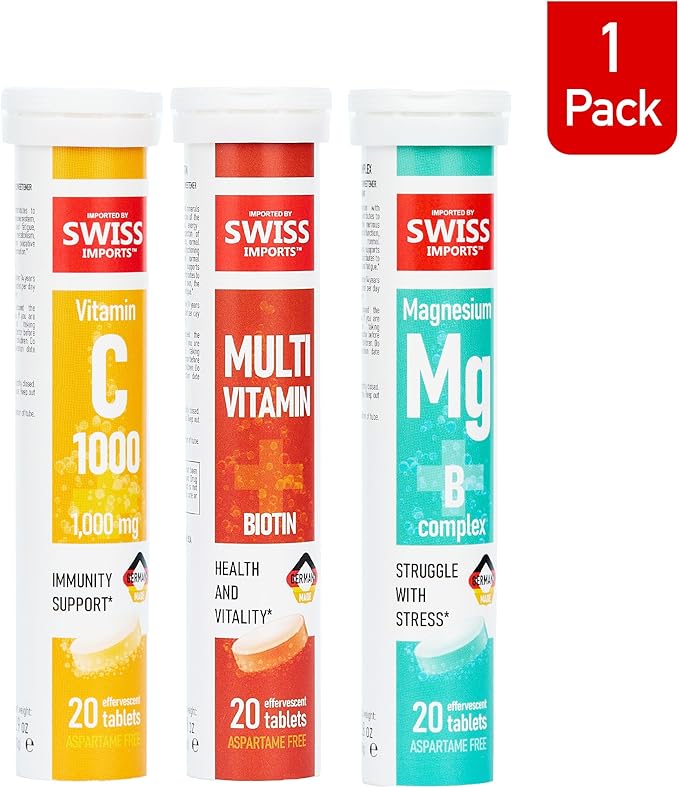 Effervescent Variety Pack with Vitamin C 1000mg Magnesium + B Complex Multivitamin + Biotin 3-Pack 60 Tablets