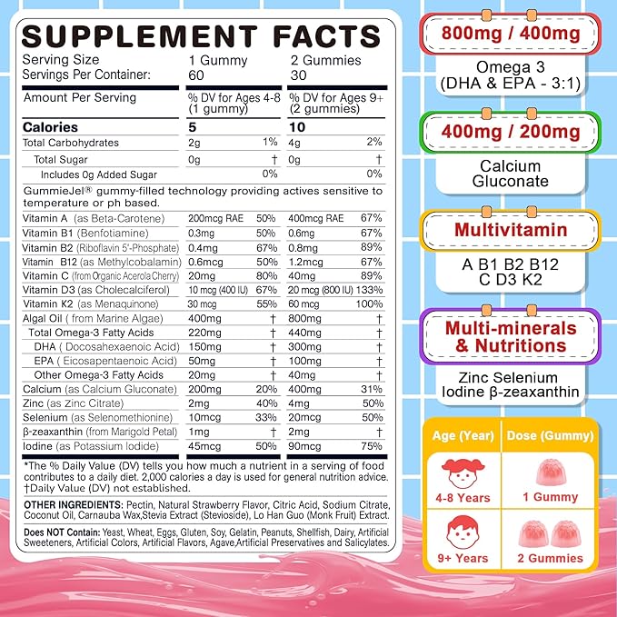 Omega 3 (EPA/DHA) Filled Gummies for Kids with Multivitamin Calcium + D3 + K2 + Zinc Plus Vitamin A B1 B2 B12 C Selenium Iodine for Brain Eye Bone Energy No Fish Taste 2 Pack