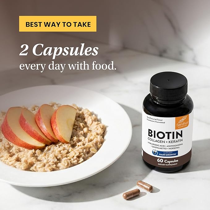 Sandhu's Biotin Collagen &amp Keratin Complex | Supports Normal Hair Growth Cycle | Vitamins for Skin &amp Nails | Hair Supplements for Women &amp Men | Made in USA | 60 Capsule Pills | with Hyalu