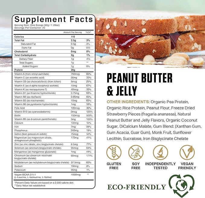 Ambrosia Planta - Plant-Based Protein Powder 20g | Dairy Free Vegan Protein Powder with BCAA Amino Acids | Keto-Friendly No Added Sugar | 25 Servings | Peanut Butter &amp Jelly