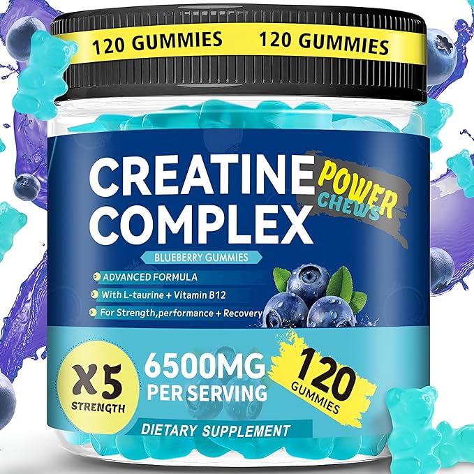 Creatine Monohydrate Gummies 6500mg per Serving for Men &amp Women - 120 Gummies X5 Strength Sugar Free Chewable Creatine for Muscle Builder Muscle Strength Pre-Workout Supplement (Blueberry)