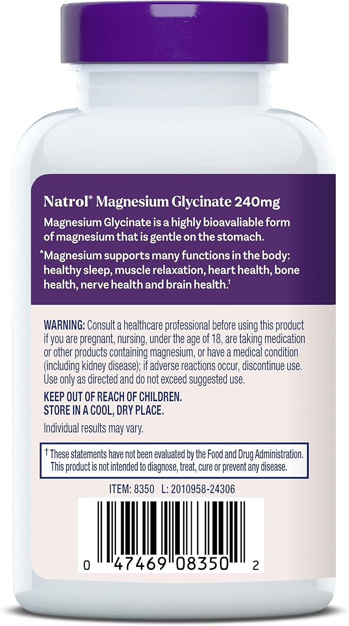 Natrol Magnesium Glycinate Supplements 240 mg - High Absorption - Calm Magnesium Glycinate for Sleep - 60 Capsules30 Day Supply(Pack of 2)