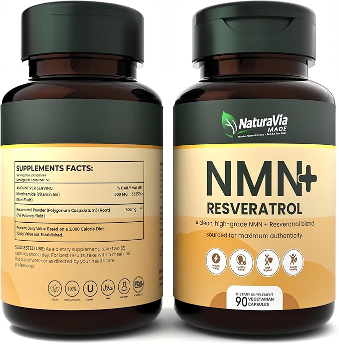 NMN Capsules with Resveratrol – High-Purity Formula – &gt99.7% Purity – Third-Party Tested – Made in USA – 500mg Nicotinamide + 100mg Resveratrol – 90 Capsules