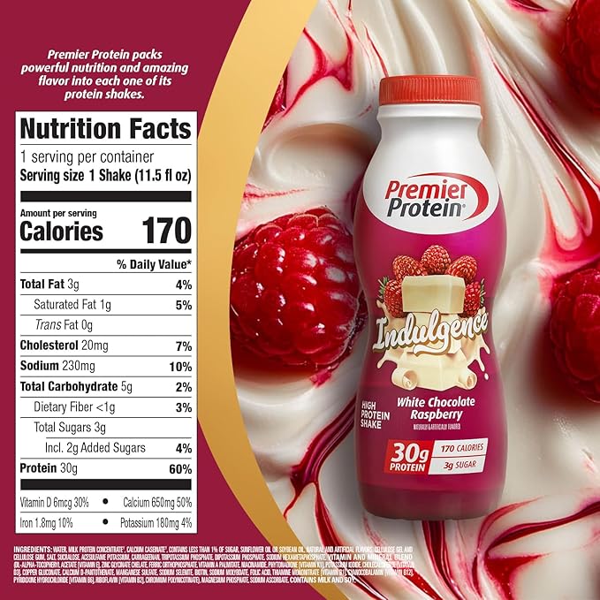 Premier Protein Shake INDULGENCE White Chocolate Raspberry 30g Protein 170 Calories 3g Sugar 11.5 fl oz 12 Pack (Packaging May Vary)