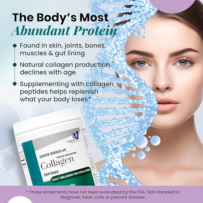Organic Excellence Collagen Peptides Grass-Fed Bovine Unflavored Collagen Powder Type I &amp III Hydrolyzed Collagen Support Skin Joints Gut Hair Nails Non-GMO 12g Protein/Serving 16 oz (453