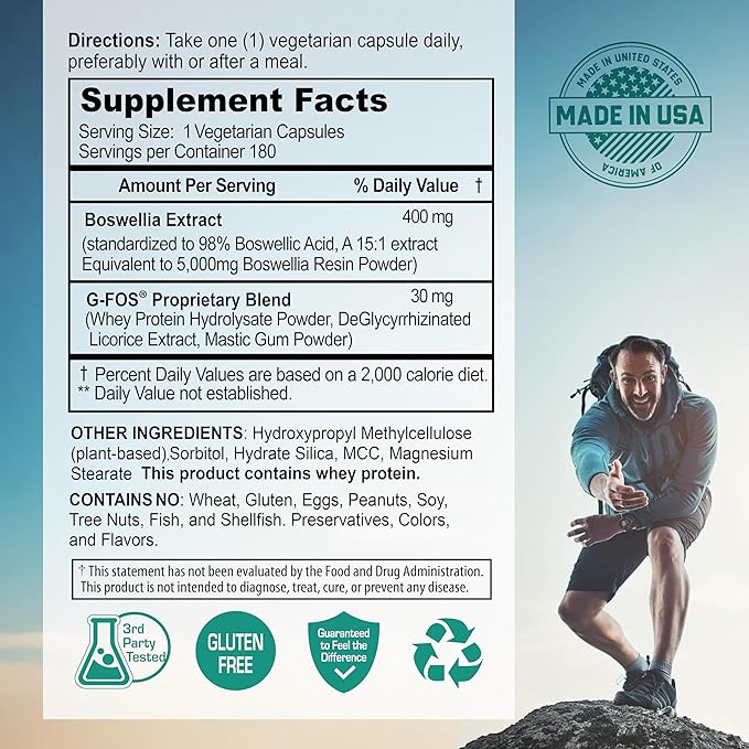 NANOWELL Boswellia Serrata with G-FOS - 98% Boswellic Acid - Supports Joint &amp Mobility Health - 180 Vegan Capsules x 2 Bottles (360 Count)