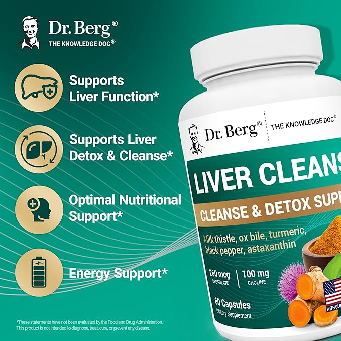 Dr. Berg Liver Cleanse Detox Capsules w/Unique Blend of Milk Thistle Ox Bile &amp Folate - Liver Supplement Includes Turmeric Black Pepper &amp Choline - 60 Capsules