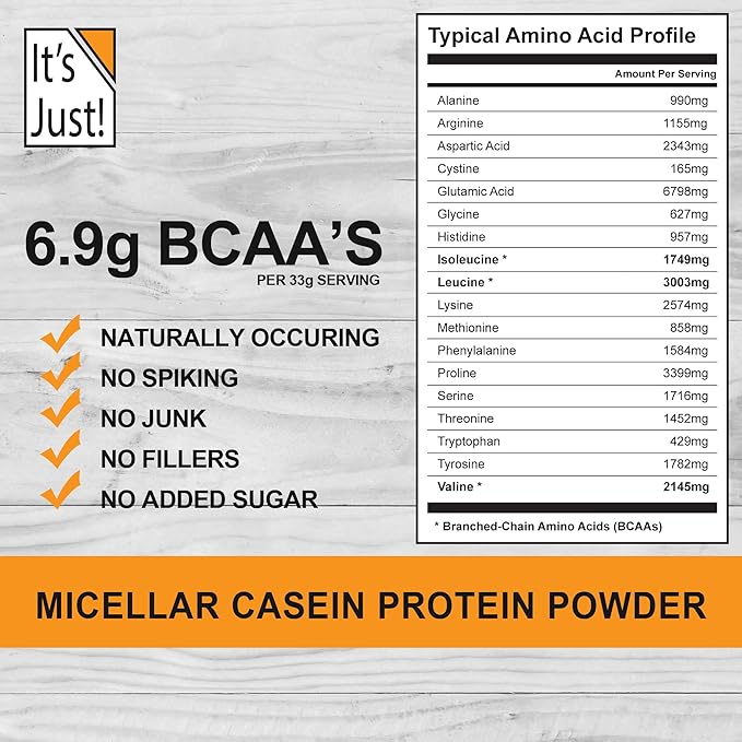 It's Just! - 100% Casein Protein Powder Made in USA One Ingredient Slow Burning Time Release 6.9g BCAAs 1g Carb Non-GMO (Unflavored 3lbs/48oz)