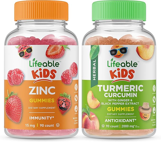 Lifeable Zinc Kids + Turmeric Curcumin Kids Gummies Bundle - Great Tasting Vitamin Supplement Gluten Free GMO Free Chewable Gummy