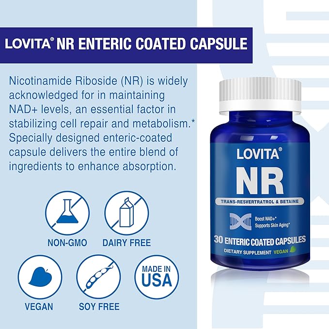Lovita NR (Nicotinamide Riboside) 350 mg NAD Supplement with Trans-Resveratrol and Betaine Promote NAD Plus Levels Healthy Aging 30 Vegan Enteric-Coated Capsules (Pack of 3)
