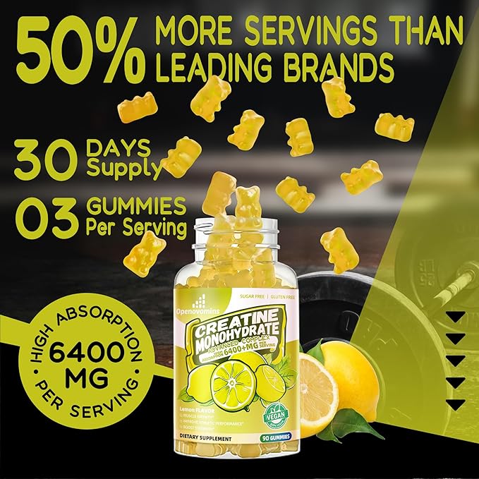 Creatine Monohydrate Gummies Complex for Men &amp Women -Advanced Formula W/L-Taurine + Vitamin B12 Sugar Free Chewable Supplement90 Lemon Gummies