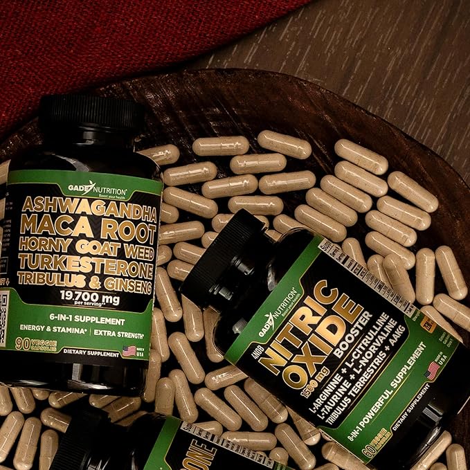 Gade Nutrition Ashwagandha with Maca Root Horny Goat Weed Turkesterone Tribulus Terrestris Panax Ginseng + Nitric Oxide Booster - Bundle for Energy Vitality Performance Pump