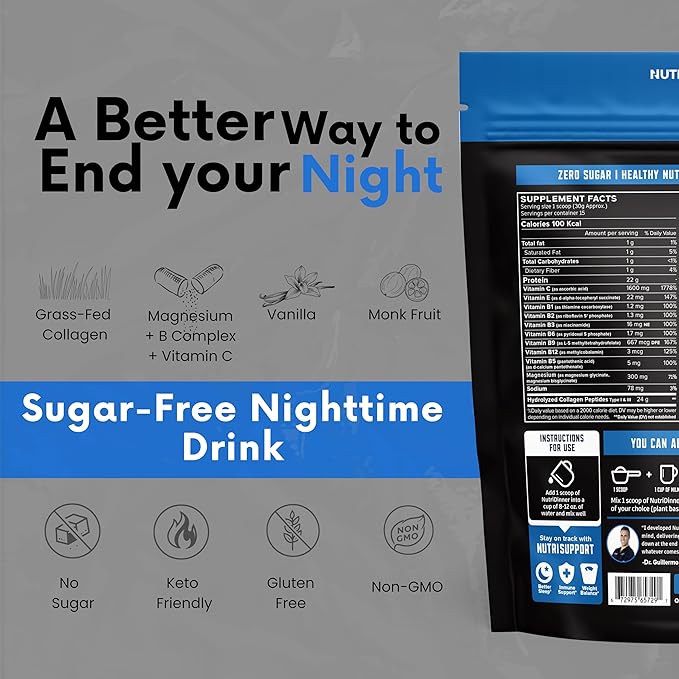 NutriDinner by Nutrillermo | Grass-Fed Collagen Protein Powder | Collagen with Magnesium B-Vitamins | Collagen Supplement for Sleep and Recovery (149 Vanilla)