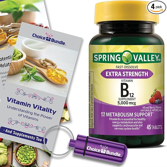 Spring Valley Vitamin B12 Fast Dissolve Tablets Extra Strength Metabolism Support 5000 mcg 45 Ct 4 pk (180 Total) + Vitamin Vitality &amp Pill Buddy (6 Items)!