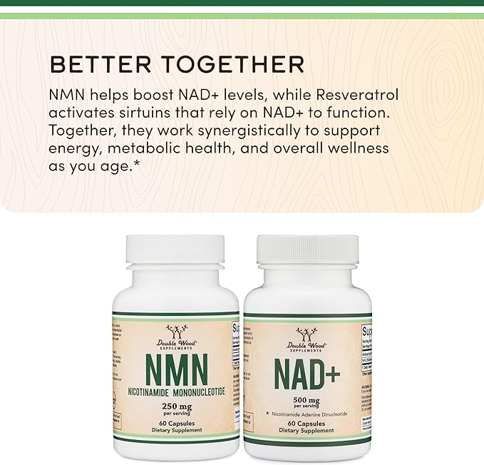 Double Wood Supplements NMN (Nicotinamide Mononucleotide) 250mg 60 Capsules - 30 Servings Gluten Free
