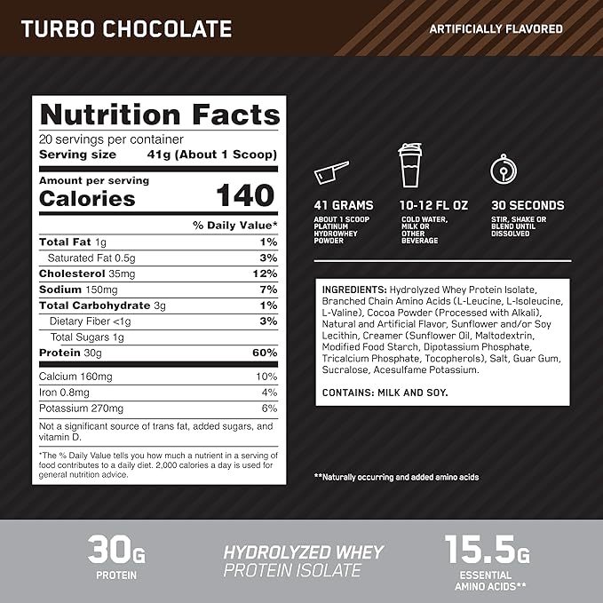 Optimum Nutrition Platinum Hydrowhey Protein Powder 100% Hydrolyzed Whey Protein Isolate Powder Flavor: Turbo Chocolate 20 Servings 1.8 Pounds (Packaging May Vary)