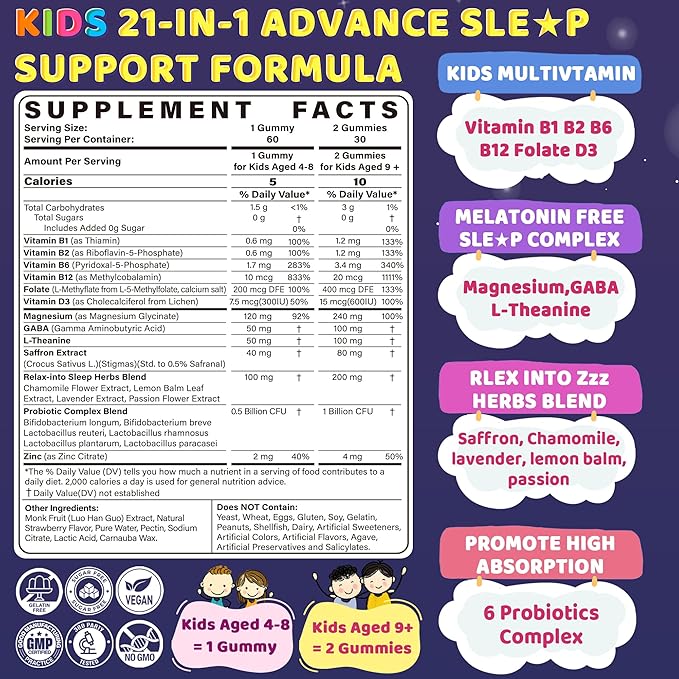 Kids Sleep Gummies - Magnesium Glycinate Saffron for kids w/ Vitamin B6 D3 L-Theanine GABA Chamomile Methylate B12 for Peaceful Sleep Relax Brain &amp Muscle Bedtime Unwind Melatonin Free120