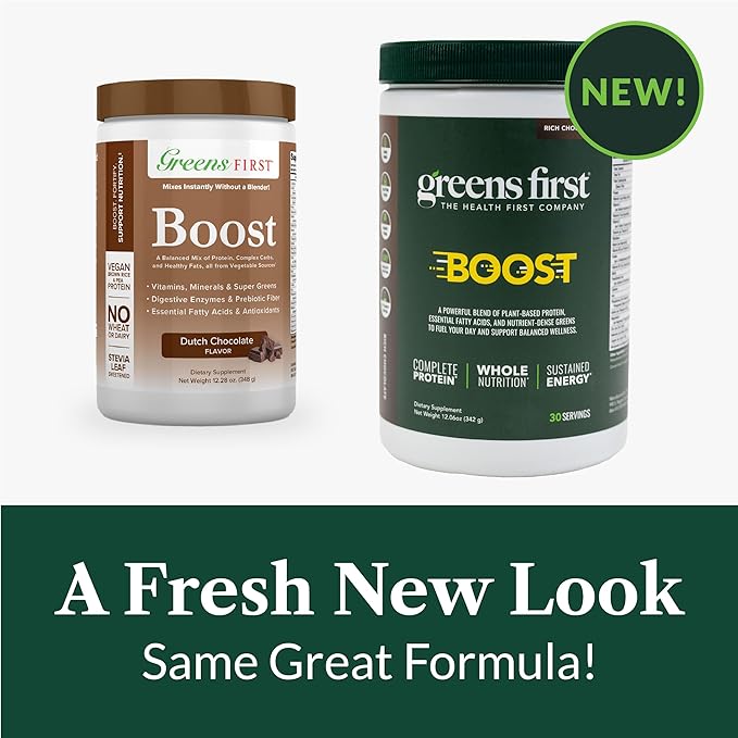 Greens First Boost - Plant-Based Protein &amp Balanced Nutrition - Superfood Shake Mix - No Wheat or Soy - Dairy-Free - Vegan - Dutch Chocolate 12.28 oz.