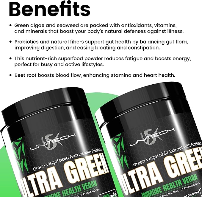 Unitech USK Ultra Green Powder | Health Supplement Immune Support and Digestive Relief | Rich with Probiotics Green Algae Seaweed and Beet Root | Gut Health Enhancement | 16 Oz
