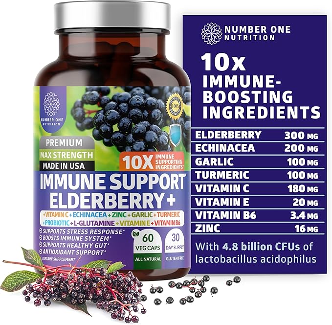 Number One Nutrition N1N Premium Magnesium Citrate [1250mg] and Elderberry Immune Support [10 Potent Ingredients] 2 Pack Bundle