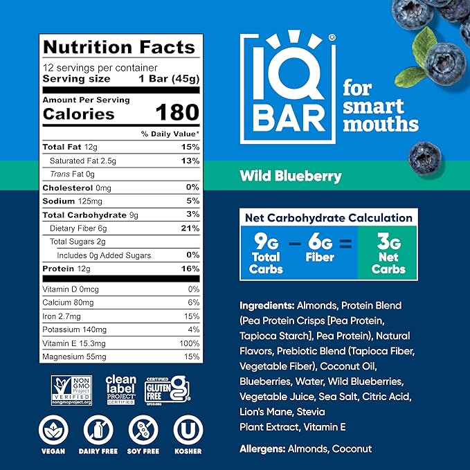 IQBAR Clean Plant Protein Bars - Wild Blueberry - 12 Count - Keto Vegan High Fiber Gluten and Dairy Free Low Sugar Snack - Brain and Body Nutrients for Focus Energy Meal Replacement