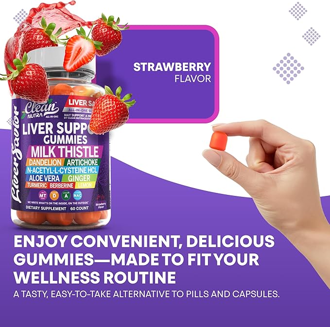 Clean Nutra Liver Cleanse Detox &amp Repair Gummies | Milk Thistle Gummy Liver Support Vitamins | Dandelion Artichoke Aloe Vera Ginger Berberine Lemon N-Acetyl-L-Cysteine Turmeric Supplement H