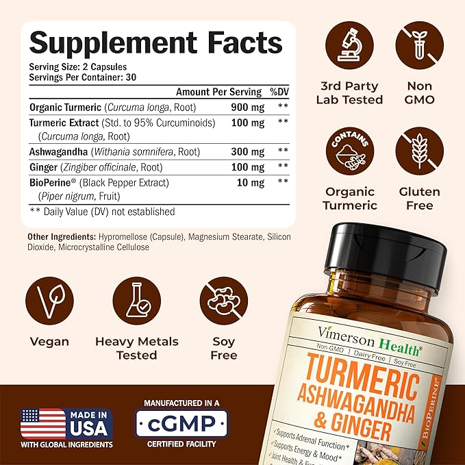 Ashwagandha Organic Turmeric Curcumin Supplement with Ginger Root &amp Black Pepper – Joint Health Energy &amp Immune Support – Antioxidant Blend with 95% Curcuminoids – 2 Pack