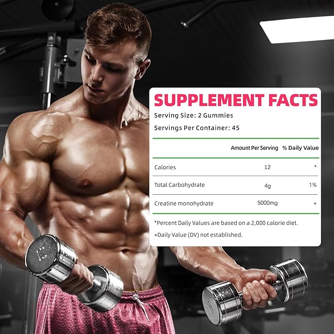 Novomins Creatine Monohydrate Gummies 5000mg for Men &amp Women Chewables Creatine Monohydrate for Muscle Strength Muscle Builder Energy Boost Pre-Workout Supplement(90 Count)-Strawberry Flavor