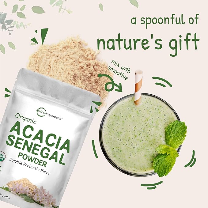 Micro Ingredients Organic Acacia Senegal Fiber Powder 2 lb | Instant Soluble Fiber | Plant-Based Prebiotic for Gut &amp Digestive Health | Non-GMO Gluten-Free Vegan