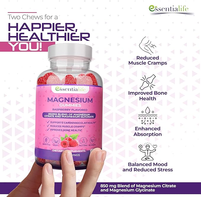 Magnesium Gummies 2 Packs Essentialife 100mg Per Serving - Blend of Magnesium Citrate &amp Magnesium Glycinate - Supports Healthy Digestion - Stay Calm &amp Energetic with Magnesium Supplements for