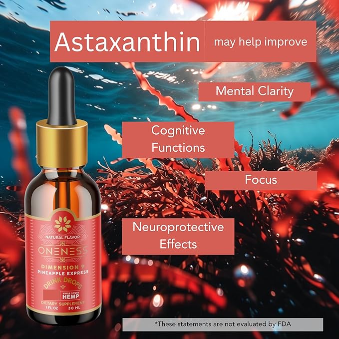 Fast-Acting Mood &amp Focus Drops | Water Soluble Astaxanthin Hemp Extract | Add to Any Drink or Mocktail | Liquid Antioxidant &amp Adaptogen | 60 Servings | Sugar-Free | Bliss + Oneness®