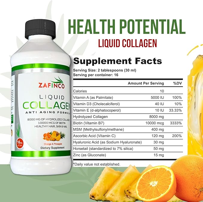 Liquid Collagen for Women &amp Men-Pine'O'Range Flavored Premium Grade 10000 mcg Biotin+8000 mg of Hydrolyzed Collagen for Radiant Skin GlowAnti-AgingHair Growth &amp Nice Nails.16 fl oz-Made in U