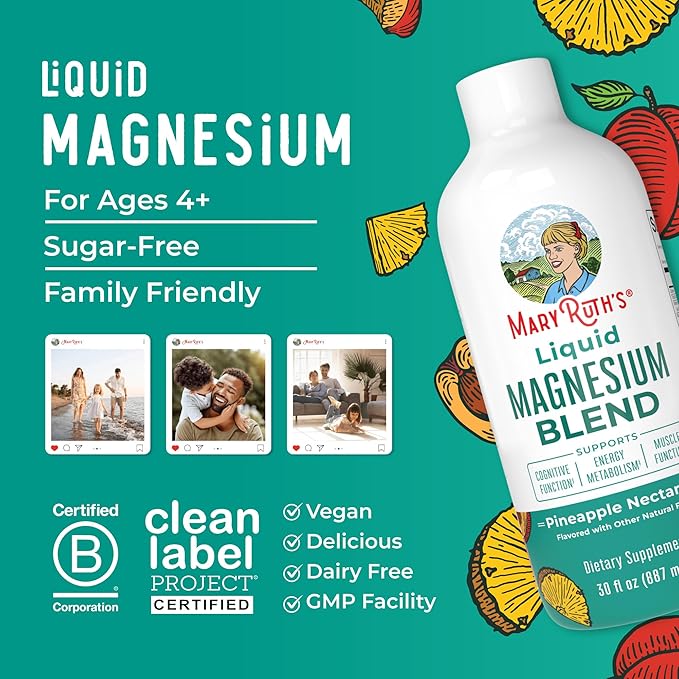 Liquid Magnesium Supplement by MaryRuth's | Magnesium Complex with Magnesium Glycerophosphate + Magnesium Bisglycinate + Taurate + Malate | Ages 4+ | Cognitive Function | Bone Health | Vegan | 30oz