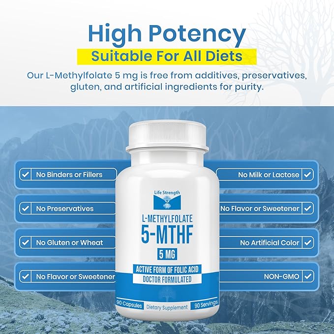 L Methylfolate 5mg | 90 Capsules | Optimized &amp Highly Bioactive Methyl Folate Supplement | 5-MTHF Supports for Energy Focus &amp Mood | Non-GMO Gluten Free Vegan | 3 Month Supply