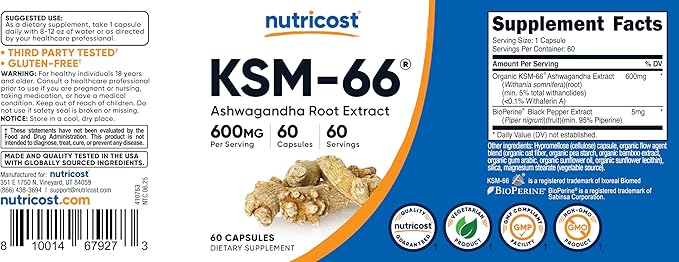 Nutricost KSM-66 Ashwagandha Root Extract 600mg 60 Veggie Caps (2 Bottles) - 5% Withanolides - with BioPerine