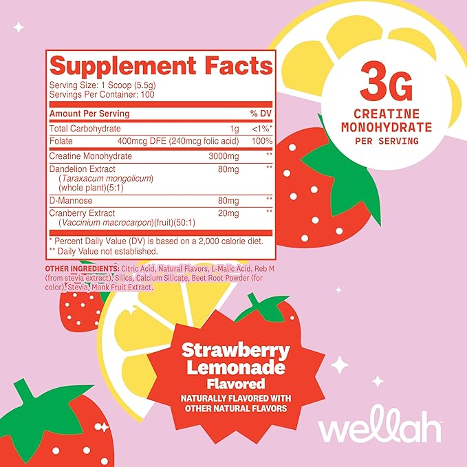 Wellah Creatine for Women - Creatine Monohydrate with Dandelion &amp Cranberry Extract (100 Servings Strawberry Lemonade)
