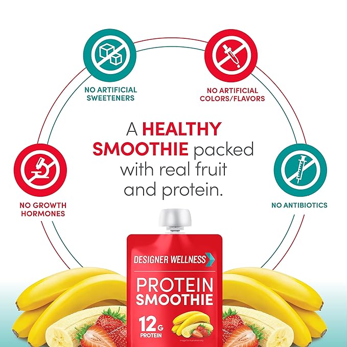 Designer Wellness Protein Smoothie Real Fruit 12g Protein Low Carb Zero Added Sugar Gluten-Free Non-GMO No Artificial Colors or Flavors Strawberry Banana 24 Count