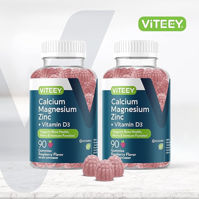 Viteey Calcium Magnesium Zinc Gummies with Vitamin D3 - Supports Bone Health Nerve &amp Immune Function - Calcium Magnesium Zinc D3 for Adults &amp Teens - GMO Free - Chewable Raspberry Flavored Gu