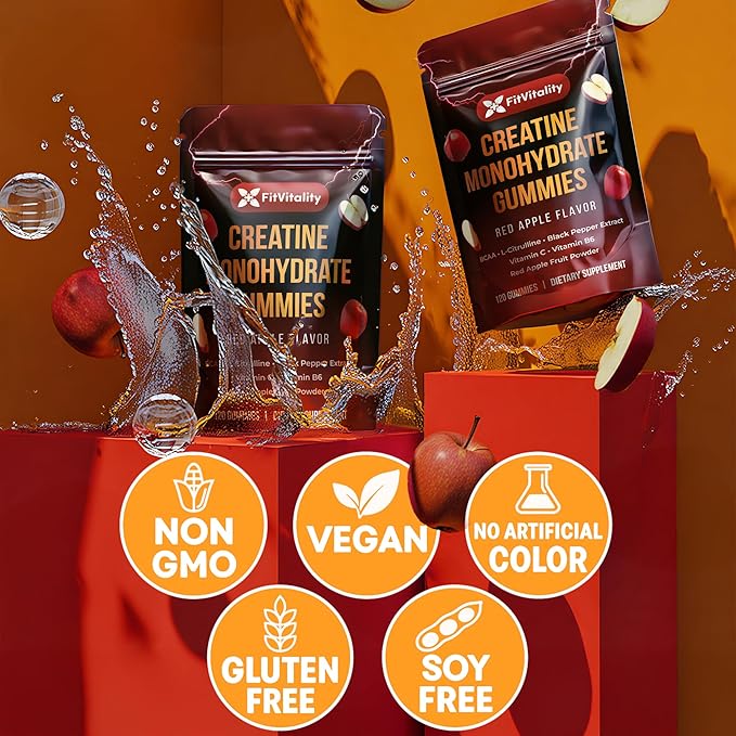 Premium 120 Creatine Gummies - Formulation with Creatine Monhydrate Vitamin C &amp B6 - Vegan Non-GMO Sugar-Free Red Apple Flavor
