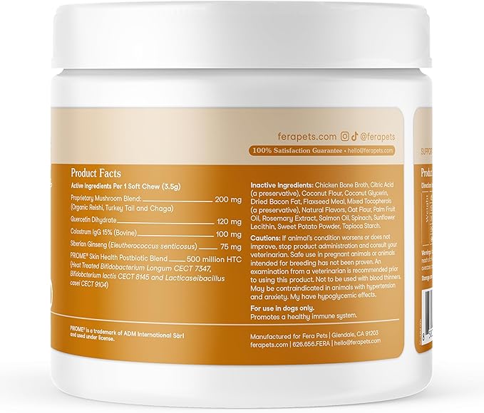 Fera Pets Dog Allergy Chews – Allergy Relief &amp Itching Skin Relief – Immune &amp Gut Support with Organic Mushrooms Postbiotics &amp Colostrum – Promotes Skin Health – 90 Soft Chews