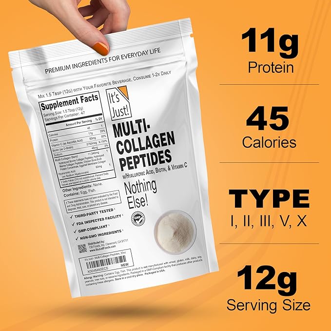 It's Just! - Multi Collagen Peptides (Types I II III V X) w/Vitamin C Biotin Hyaluronic Acid No Added Flavor Tested for Heavy Metals Gluten Free Non-GMO Unflavored / 20oz
